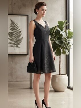 DKNY Black Mesh Embroidered Dress